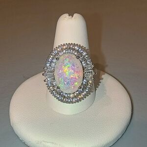 Oval Opal Cocktail Ring With Imitation Rhodium & CZ Halo Size 9